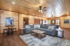 Smart TV, fireplace, books, stereo