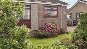 A single-story house with a brick exterior, a visible window, and a front garden with various plants and flowers. - 3 bedroom accommodation in Stirling (Stirling)