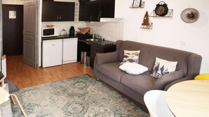 Een ruimtelijk ingerichte leefruimte met een kitchenette, een grijze bank met decoratieve kussens, een ronde eettafel en een vloerkleed met een patroon.