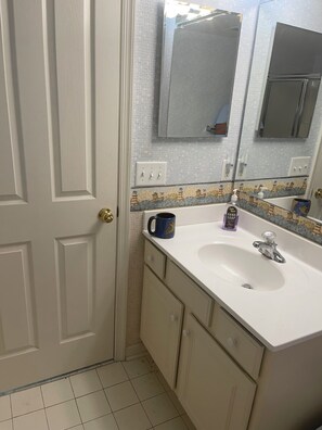 Hair dryer, towels, soap, toilet paper