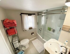 Asciugacapelli, asciugamani, sapone, shampoo