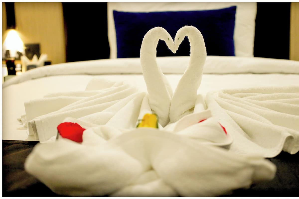 Restful retreat with a neatly arranged bed and decorative swan-shaped towel.