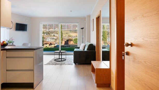 A modern kitchen with a large window, a sofa, and a wooden door.