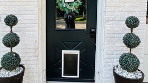 A black door with a wreath, two potted topiary trees, and two wall-mounted lights.