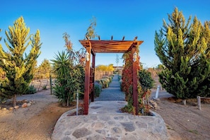 Ein Steinweg führt zu einem Holz-Pergola, das mit Kletterpflanzen bewachsen ist.