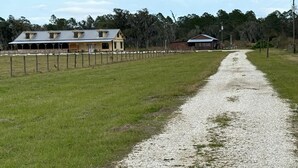 A gravel path leading to a building with a metal roof and multiple windows.