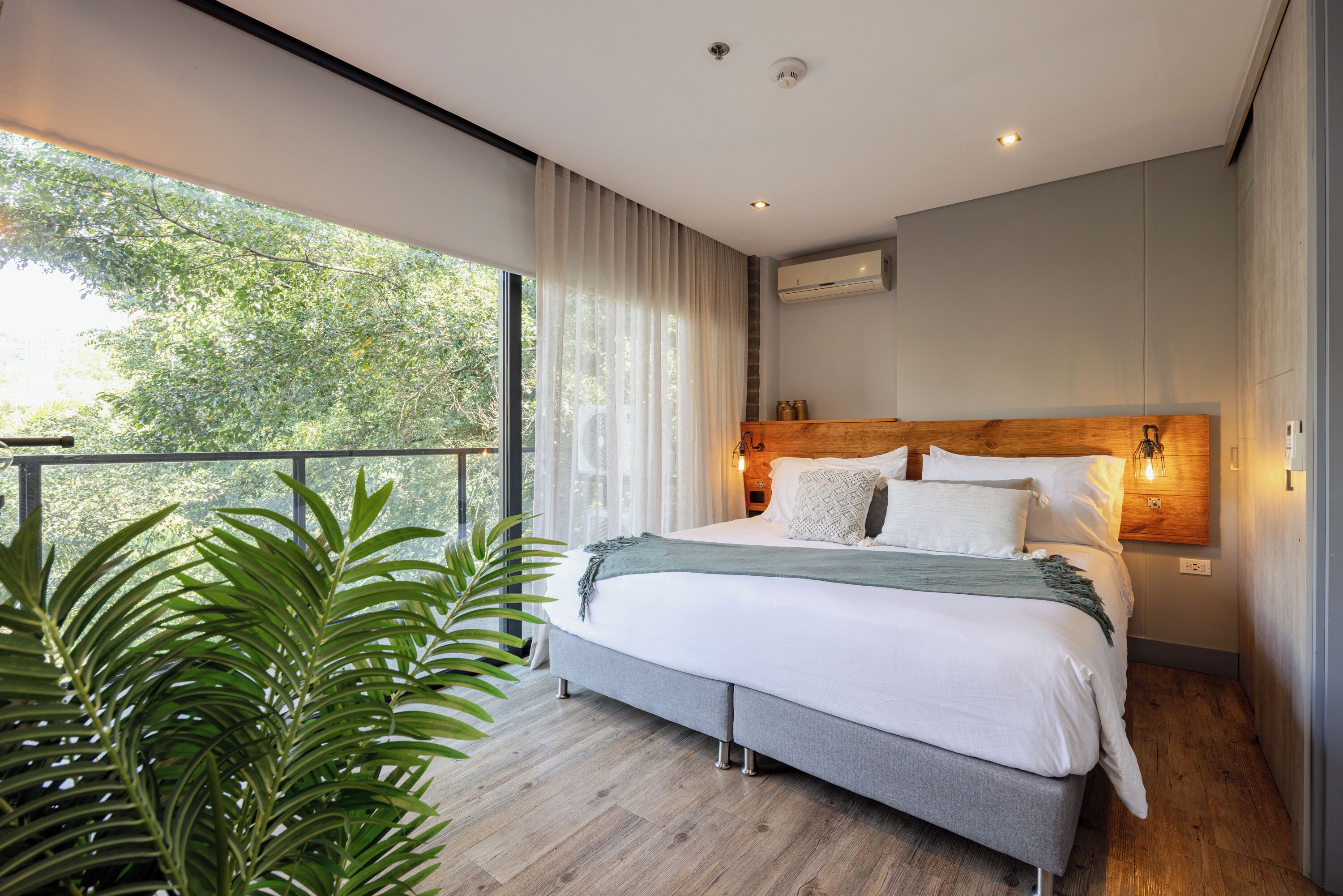 A modern bedroom with a large bed, a wooden headboard, a potted plant, and a view of trees through large windows.