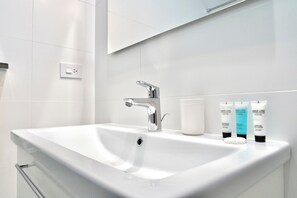 Douche, séchoir à cheveux, serviettes fournies, savon