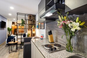 Kjøleskap, mikrobølgeovn, kokeplater og kaffetrakter/tekoker