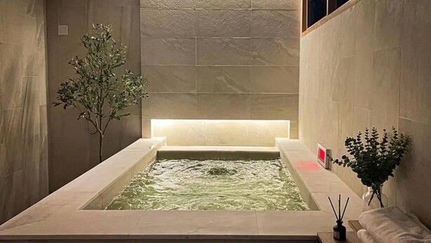 Un baño moderno con una bañera rectangular, una lámpara de pared y dos plantas en macetas.