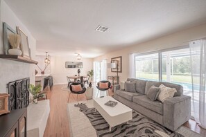 Smart TV, fireplace, books