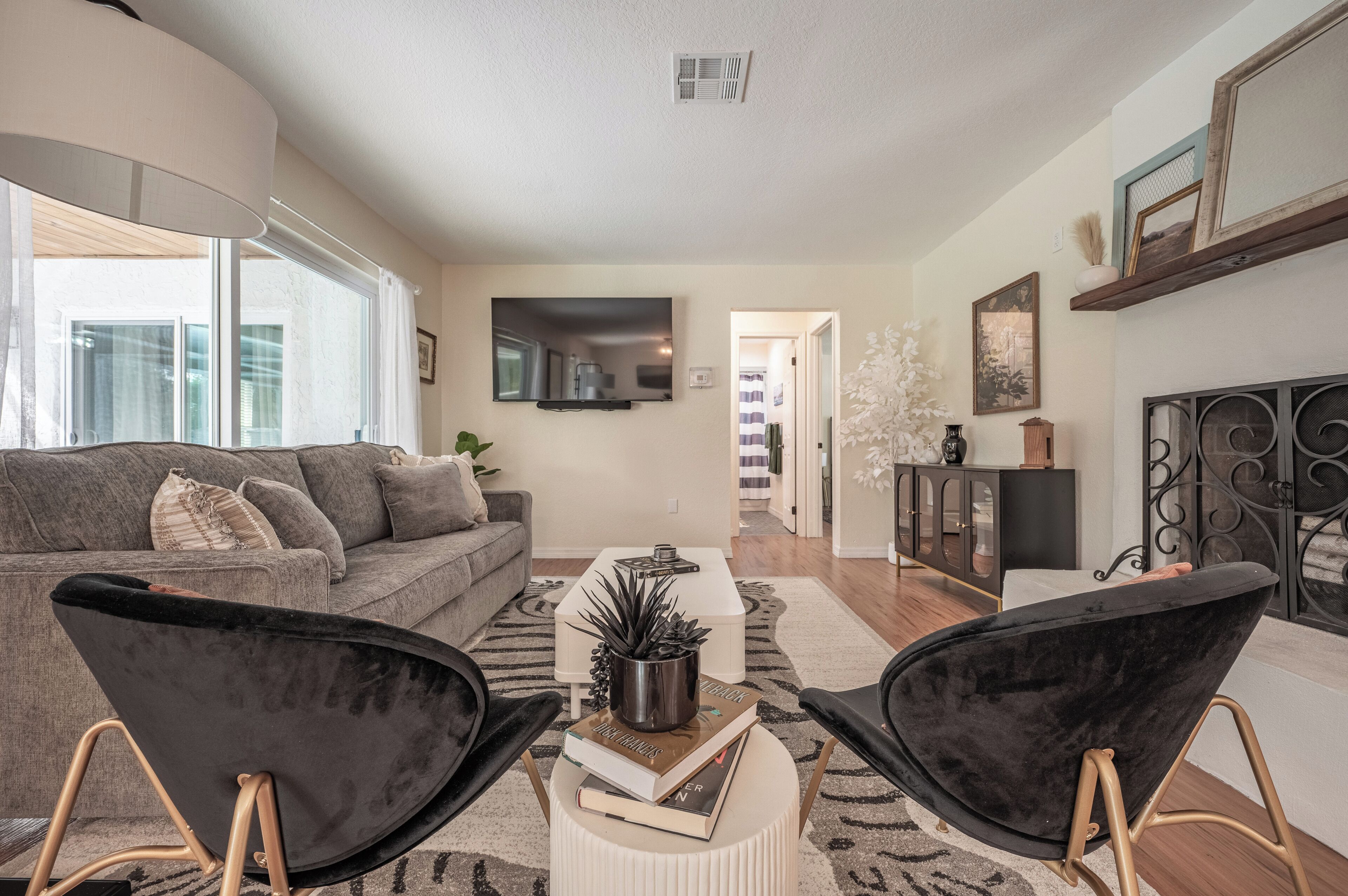 Smart TV, chimenea y libros 