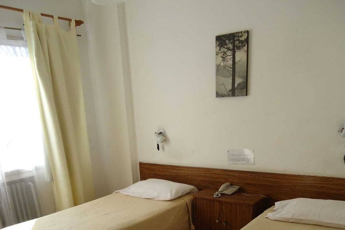 Two single beds with wooden headboards, a bedside table with a telephone, and a wall-mounted light fixture.