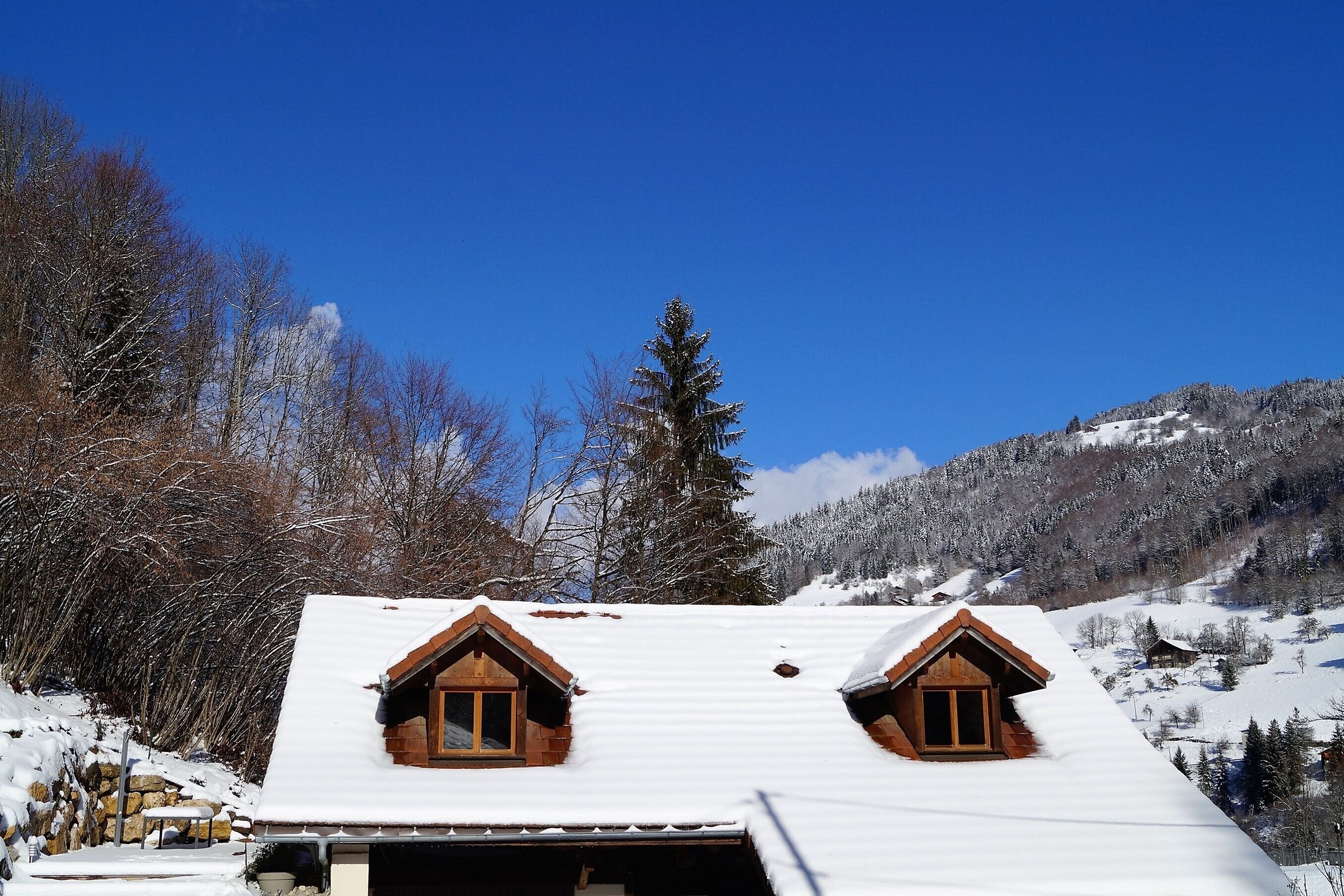 Une cabane avec un toit en pente, une façade en bois et une vue sur un paysage montagneux enneigé.