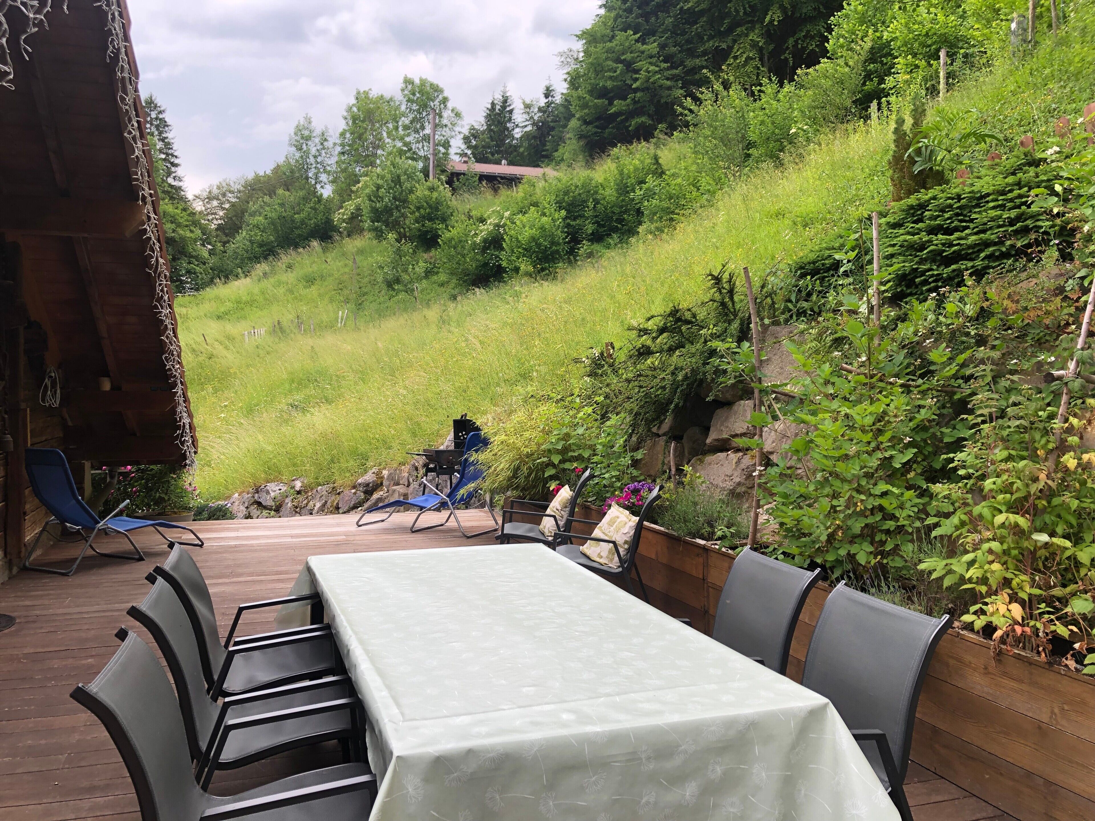 A deck with a table and chairs, surrounded by greenery and a hillside.