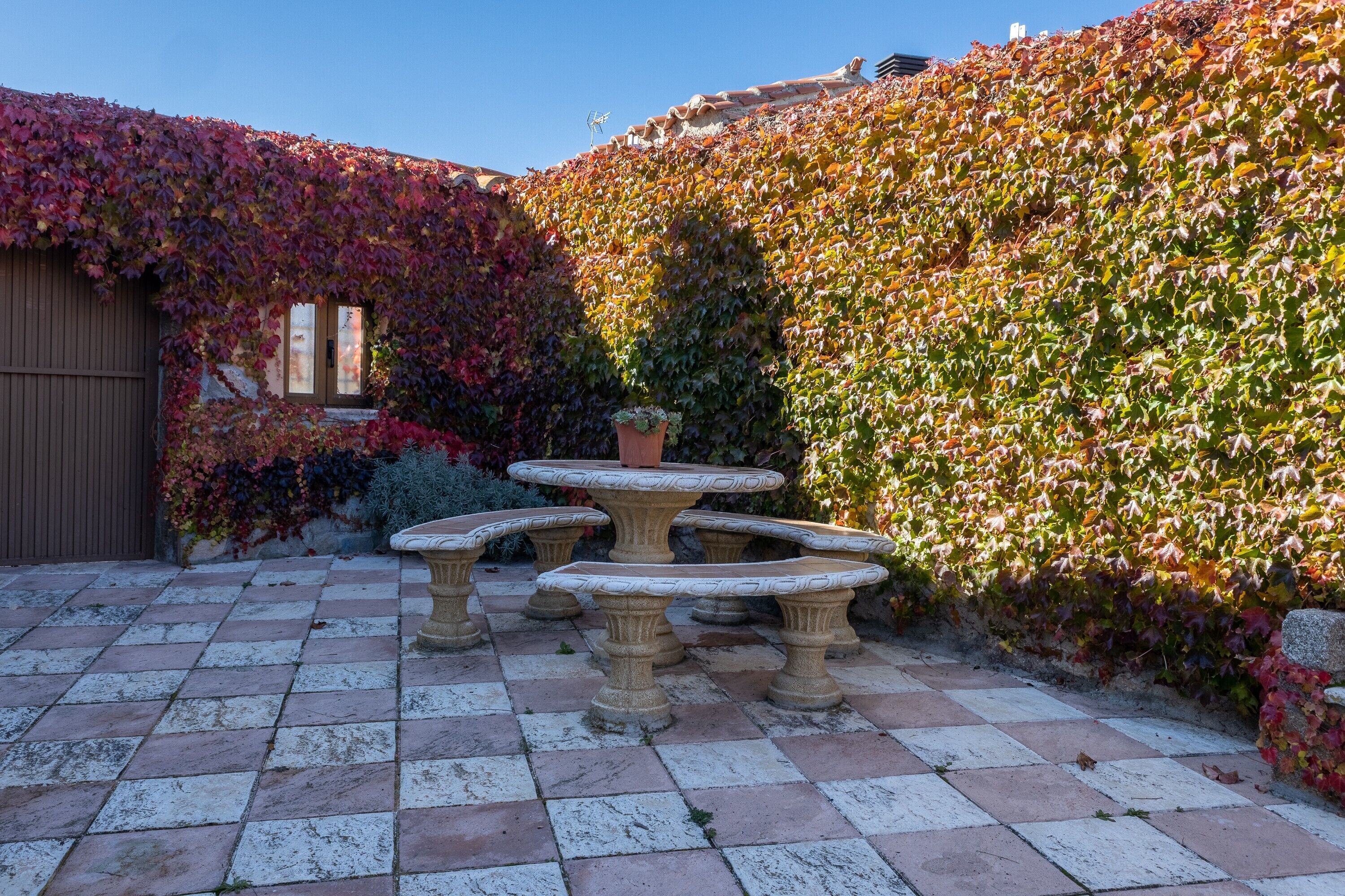 A courtyard with a checkered floor, a stone table, and a wall covered in ivy.