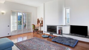 Ein Wohnzimmer mit Sofa, Fernseher, Kamin und einem großen Fenster.