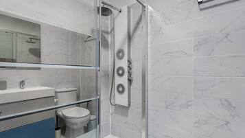 A modern bathroom with a glass shower enclosure, a toilet, a sink, and a mirror.