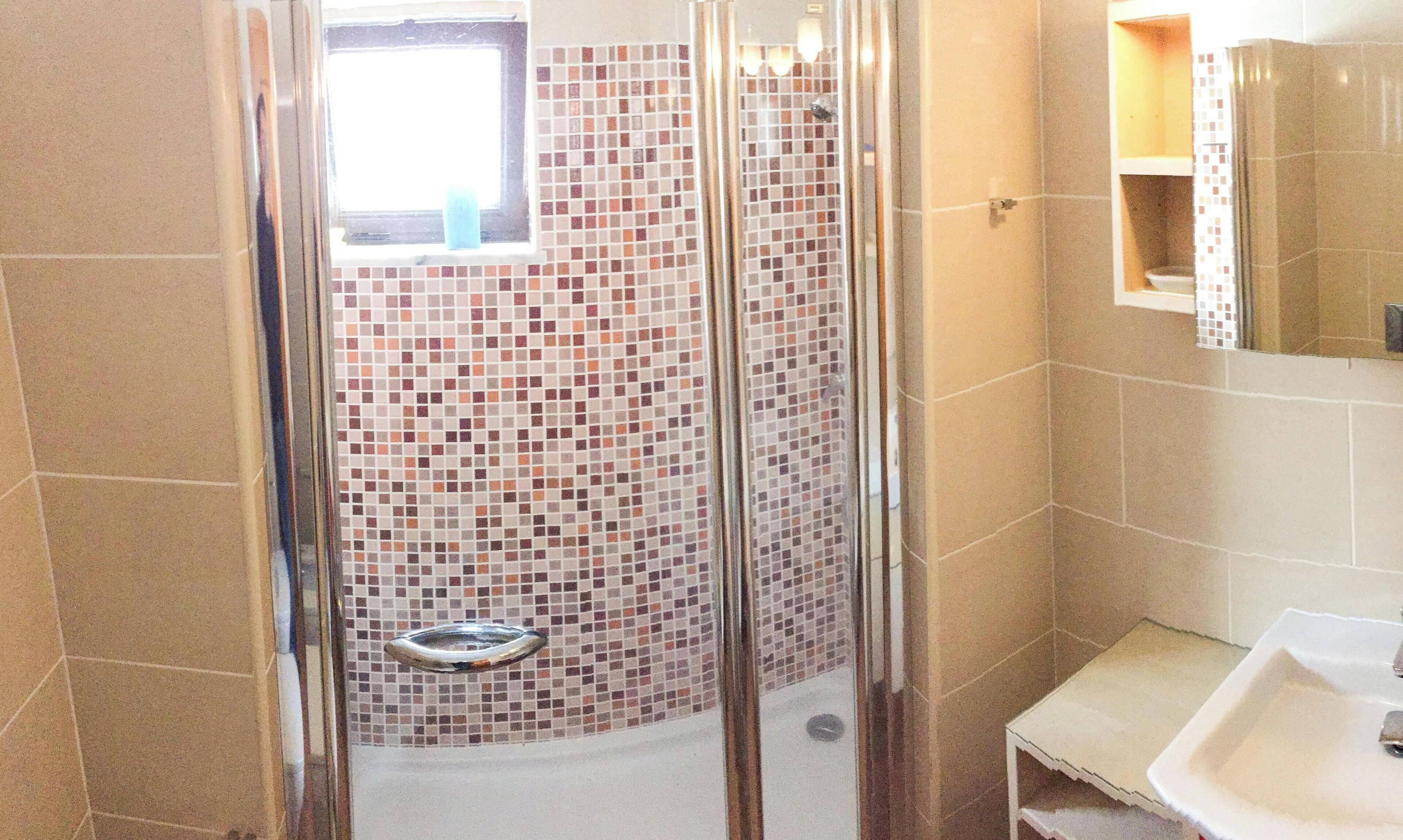 Shower, hair dryer, towels