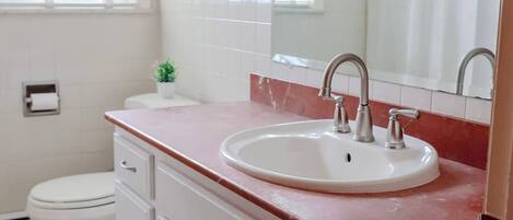 Un baño con un lavabo blanco, un espejo y un inodoro. Hay una ventana con persianas y una planta pequeña en el mostrador.