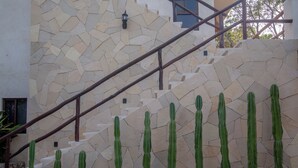A staircase with a stone wall and cacti. - Casa Cactus Buenavista  (Bacalar)