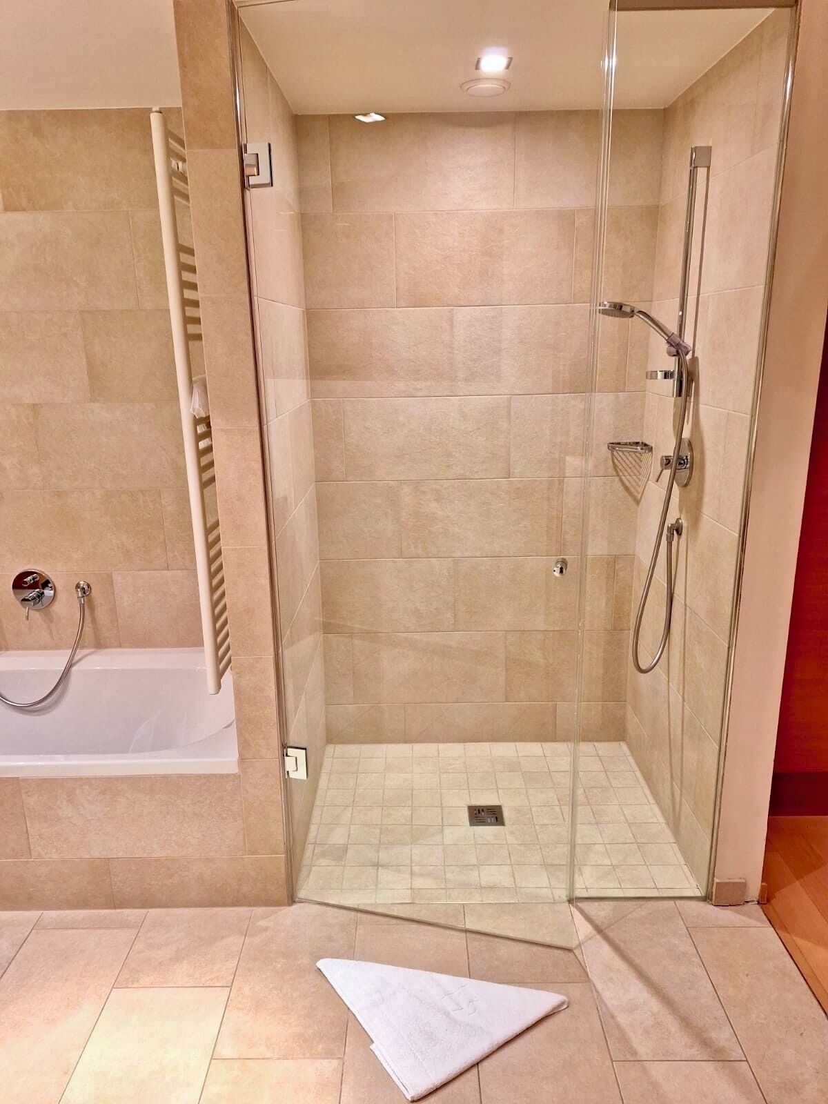 Un bagno moderno con doccia vetrata, vasca da bagno separata e pavimento piastrellato.