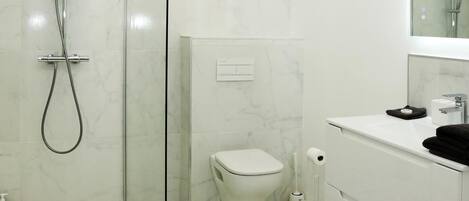 Shower, hair dryer, towels