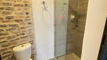 Shower, free toiletries, towels, soap