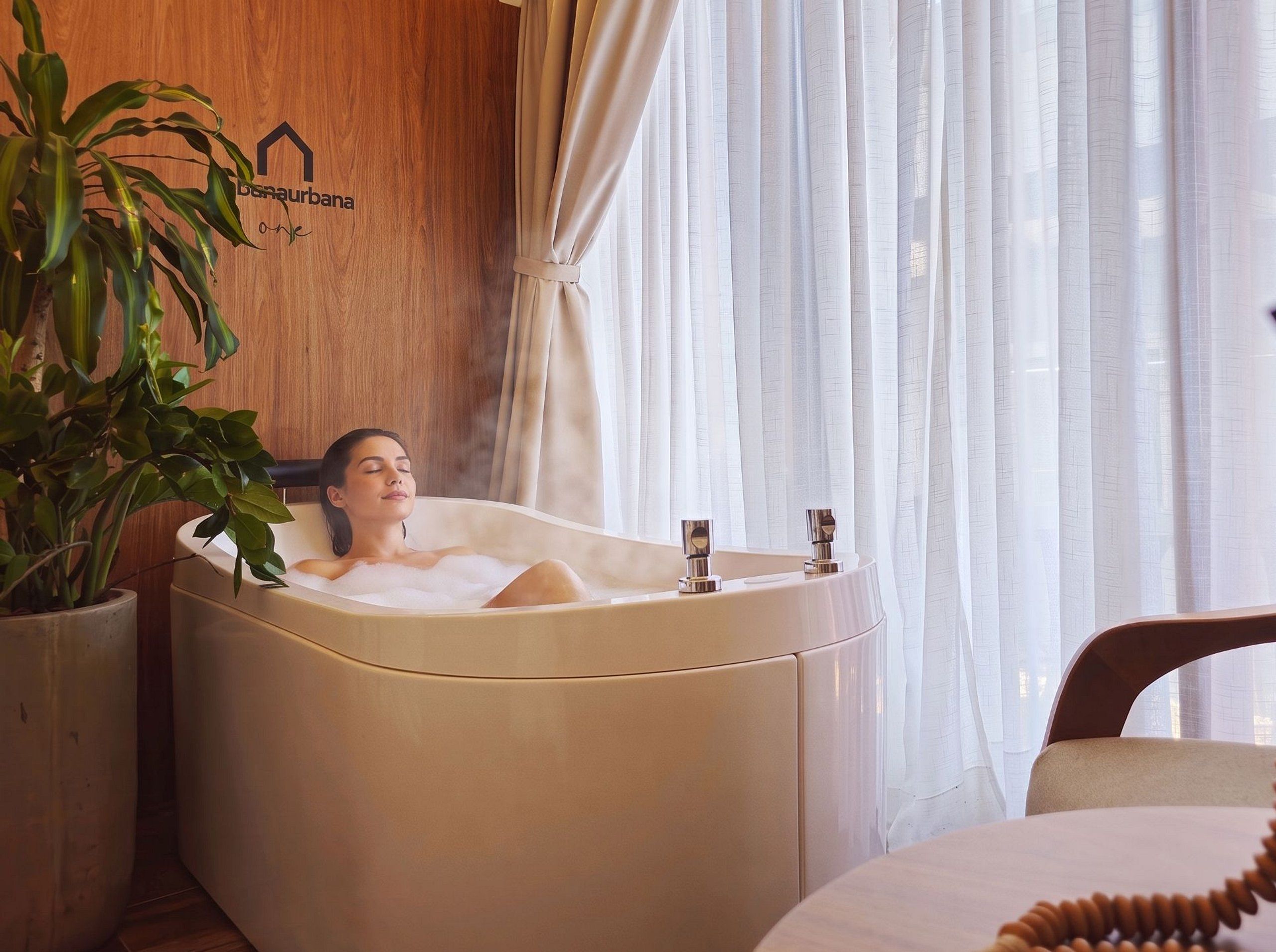 A person relaxing in a bathtub with a plant beside them, a wooden wall with a logo, and a window with curtains.