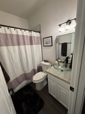 Shower, towels, soap, toilet paper