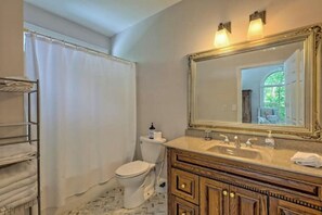 Hair dryer, towels, soap, shampoo