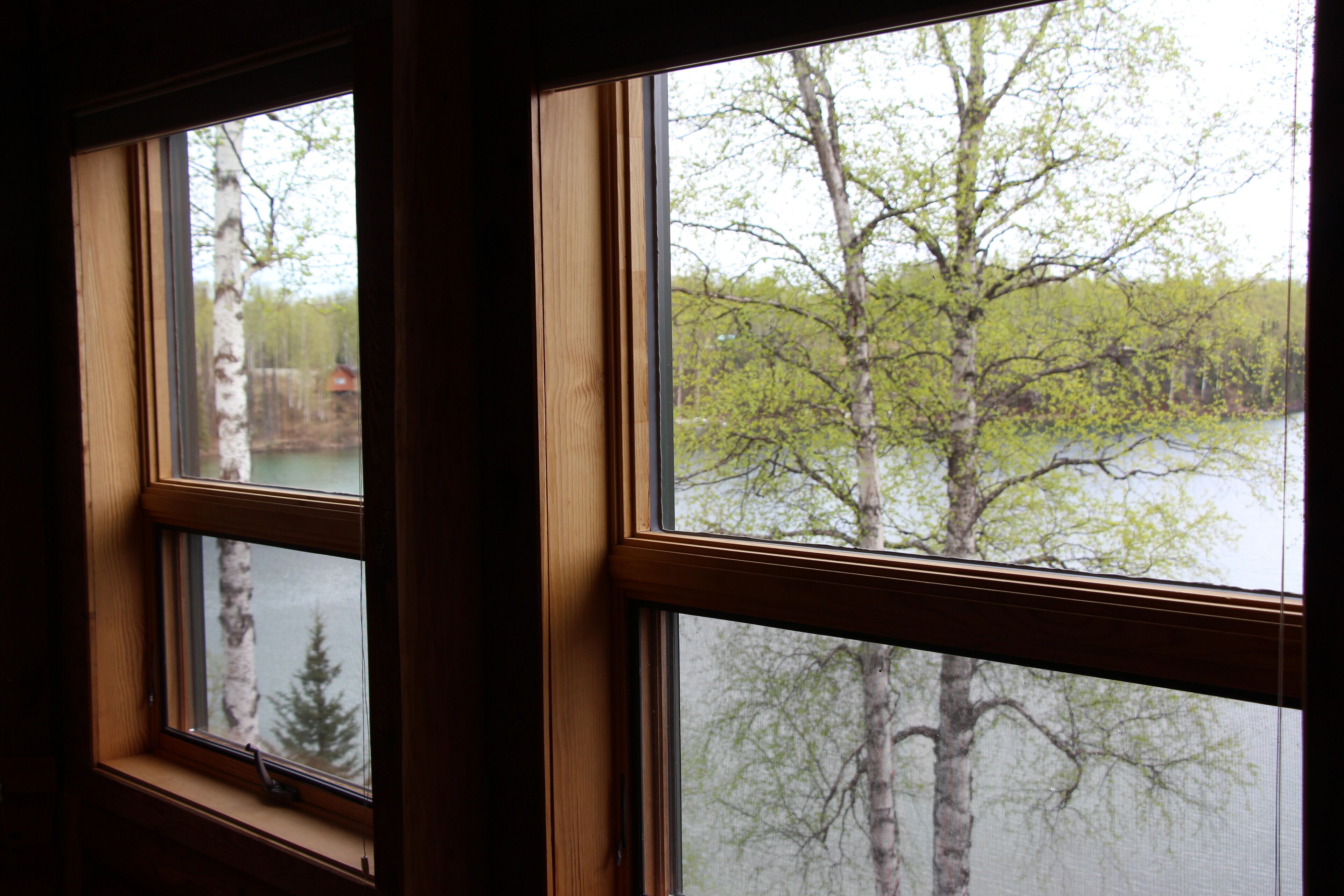 Una ventana con vista a un lago y árboles.