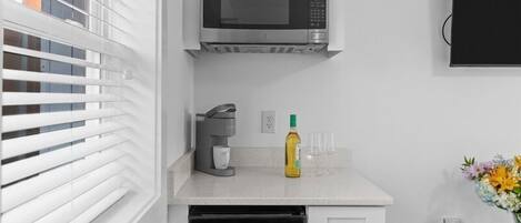 Fridge, microwave, coffee/tea maker