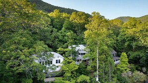 Two white houses surrounded by dense forest with a mountain in the background.