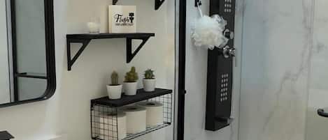 Shower, hair dryer, bidet, soap