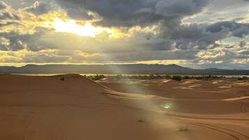 A desert landscape with sand dunes and a cloudy sky.