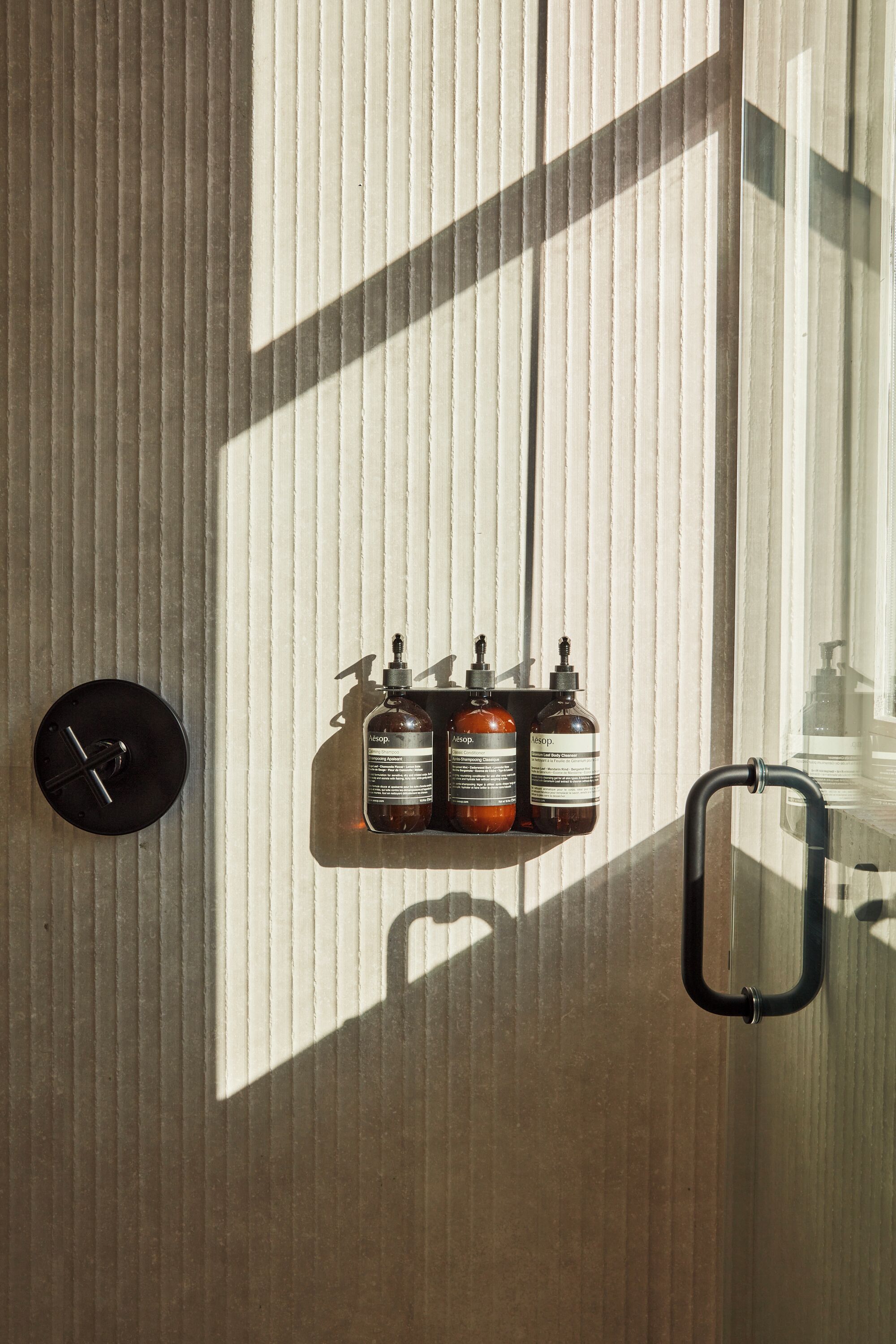 A bathroom with a towel rack, a soap dispenser, and a glass shower enclosure.