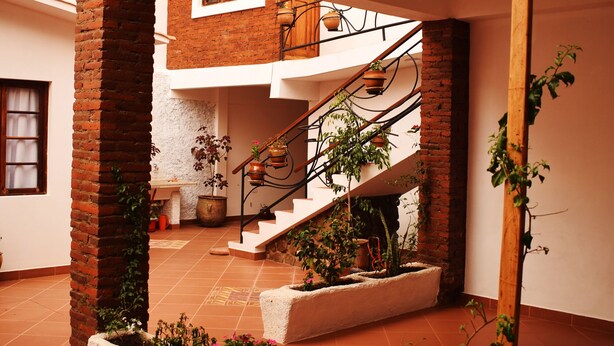 Un intérieur à plusieurs niveaux avec un mur en briques, un escalier et des plantes en pot.