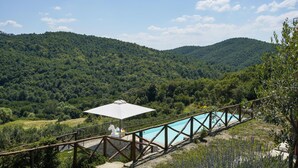 A pool area with a wooden deck and a white umbrella, surrounded by lush green hills. - Pet friendly apartment (Ponte alla Piera)