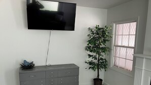 Una habitación con un aparador gris, un televisor de pantalla plana montado en la pared, una planta en maceta y una ventana con diseño de cuadrícula.