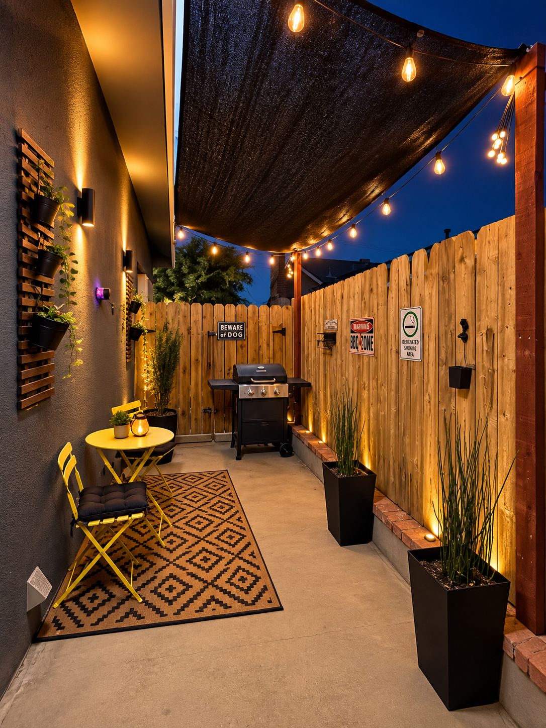 An outdoor patio with a barbecue grill, seating area, and a wooden fence.