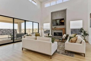 TV, fireplace, books, offices