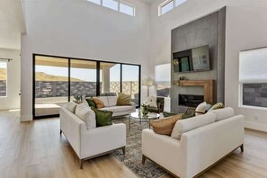 TV, fireplace, books, offices