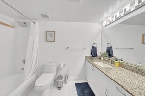 Hair dryer, towels, soap, shampoo