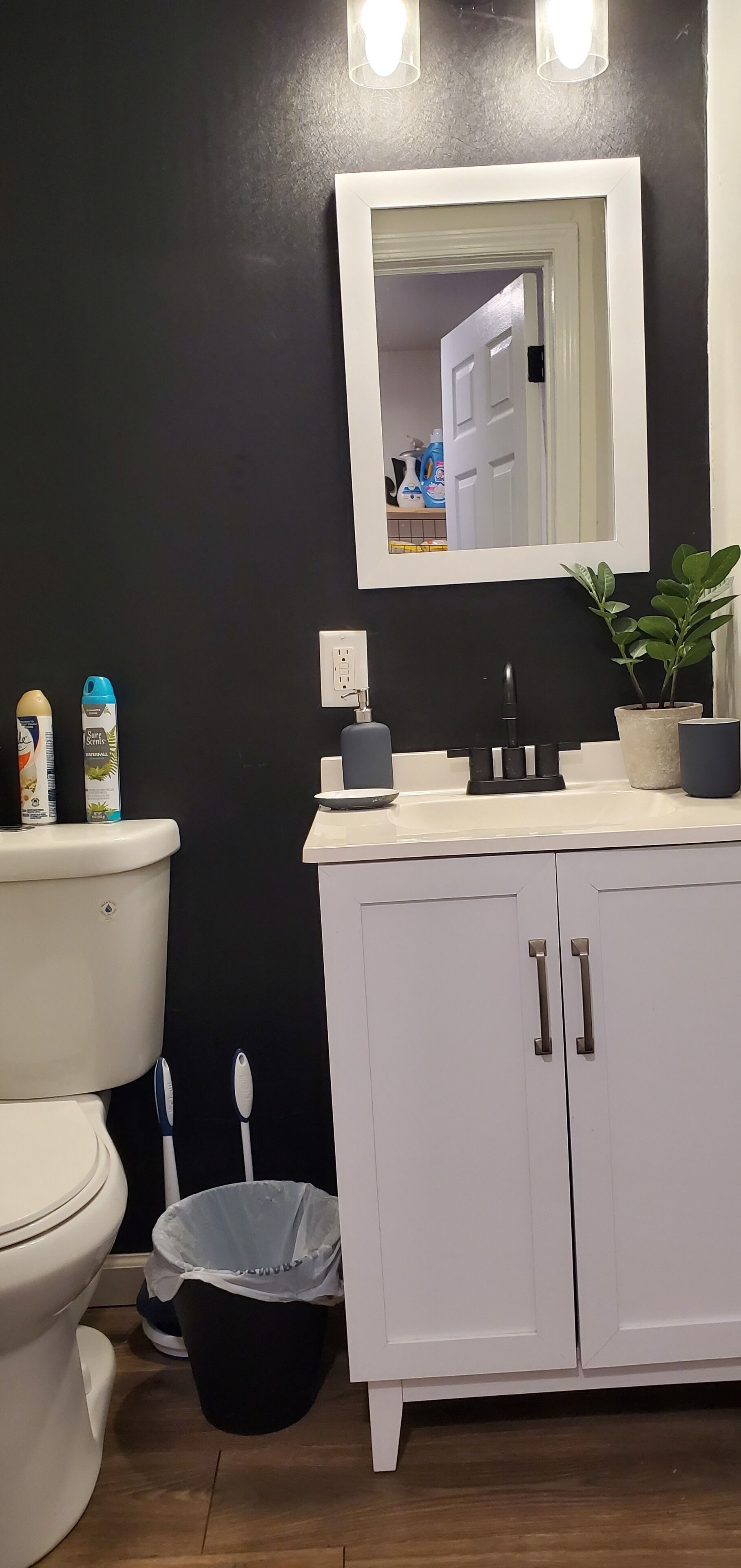 Un bagno con un WC bianco, un lavandino con uno specchio sopra e un cestino.