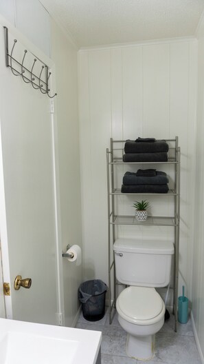 Sèche-cheveux, serviettes fournies, savon, papier toilette