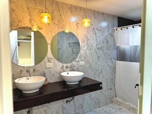 Hair dryer, bidet, towels, soap