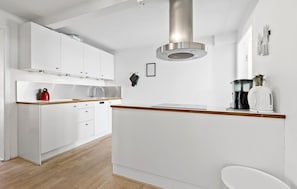 Fridge, stovetop, dishwasher, coffee/tea maker