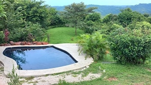 A swimming pool surrounded by lush greenery and a view of distant hills.