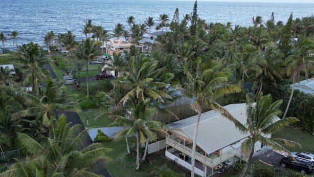 A coastal property with a large house surrounded by palm trees, a visible pool, and a view of the ocean. - House of Aloha Retreat (Pahoa)